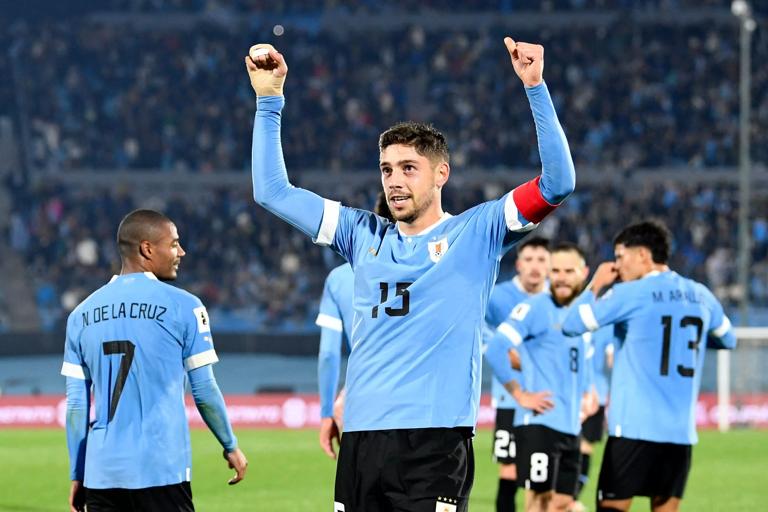 Uruguay's midfielder Federico Valverde celebrates after scoring a goal during the 2026 FIFA World Cup South American qualifiers football match between Uruguay and Chile, at the Centenario stadium in Montevideo, on September 8, 2023. (Photo by Pablo PORCIUNCULA / AFP) (Photo by PABLO PORCIUNCULA/AFP via Getty Images)