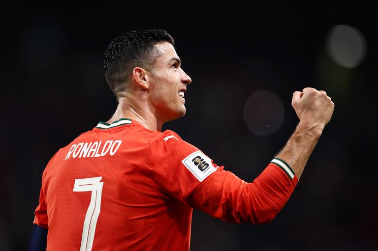 Cristiano Ronaldo of Portugal celebrates his second goal during the FIFA World Cup 2026 qualifier match against Hungary on October 14, 2025. (Photo by Diogo Cardoso - UEFA via Getty Images)