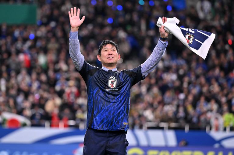 SAITAMA, JAPAN - MARCH 20: Head coach Hajime Moriyasu of Japan applauds fans as the team qualifies for the 2026 FIFA World Cup following the 2-0 victory in the FIFA World Cup Asian qualifier Group C match between Japan and Bahrain at Saitama Stadium on March 20, 2025 in Saitama, Japan. (Photo by Kenta Harada/Getty Images)